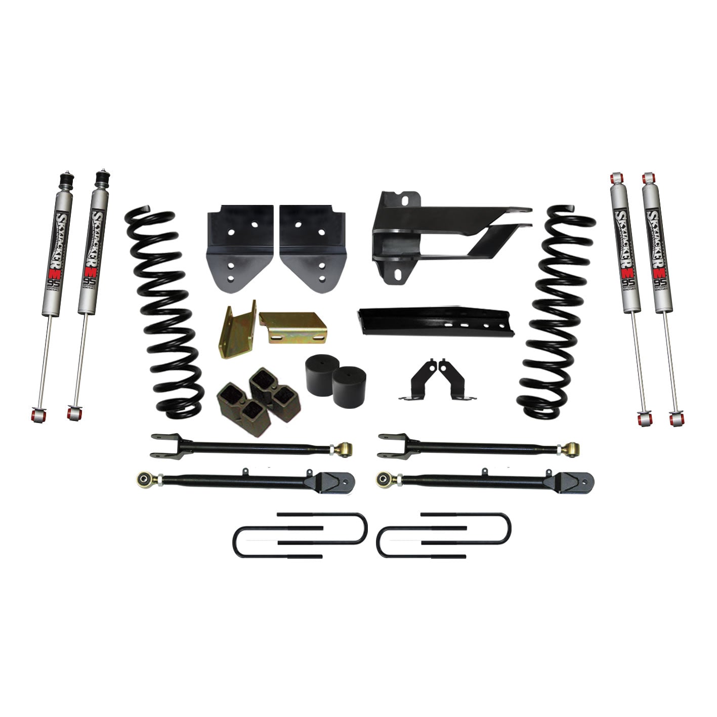 SkyjackerLift Kit 4 Inch Lift w/Adjustable 4 - Links 17 - 19 Ford F - 350 Super Duty Includes Front Coil Springs Blocks U - Bolts Bump Stop Spacers Upper/Lower Radius Arms M9500 Monotube Shock Skyjacker