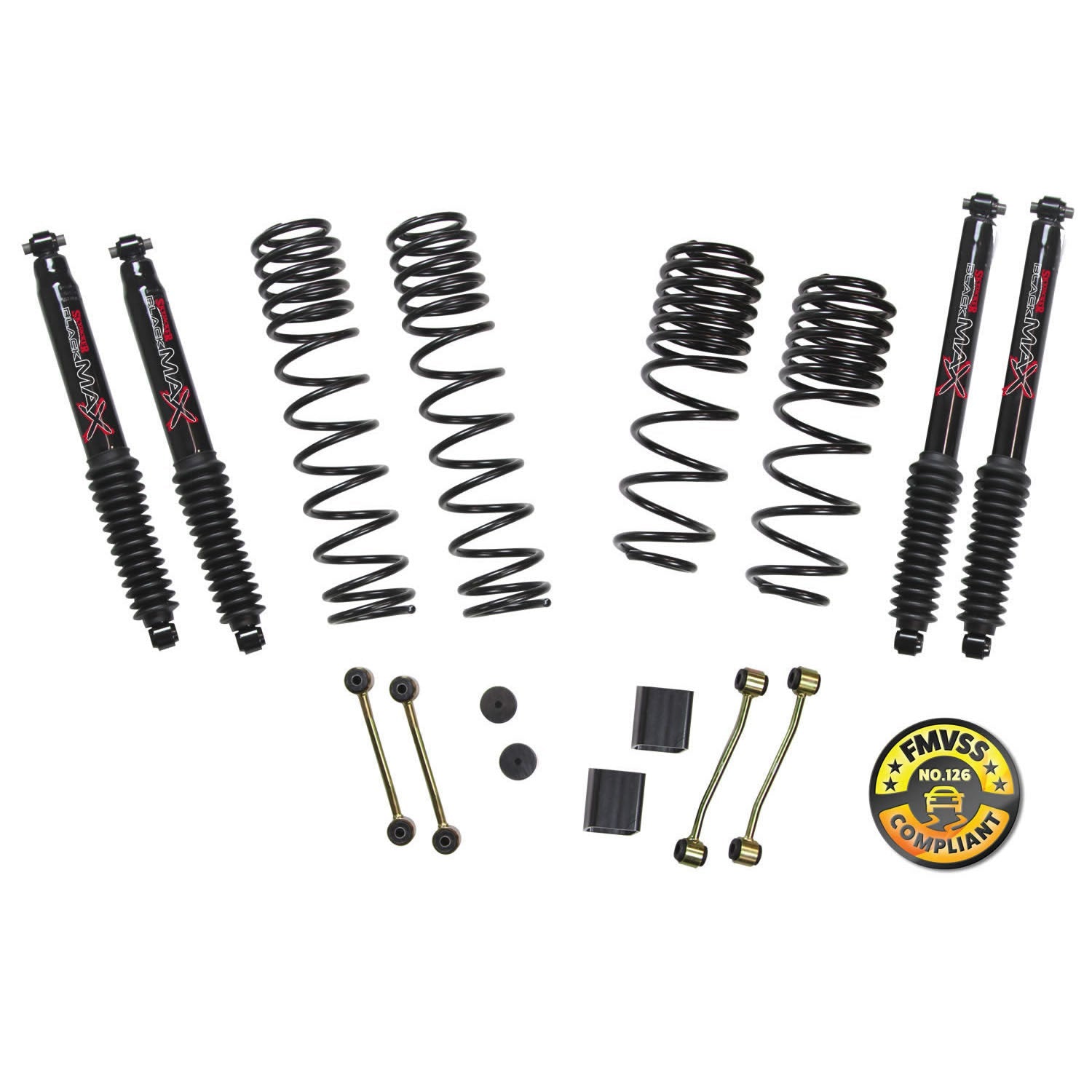 SkyjackerLong Travel Series Suspension Lift Kit w/Shocks 2 - 2.5 Inch Lift 18 - 19 Jeep Wrangler Sport 18 - 19 Jeep Wrangler Sport S Incl. Long Travel Coil Springs Extended Sway Bar Links Bump Stop Extensions Long Travel Black Max Shocks Skyjacker
