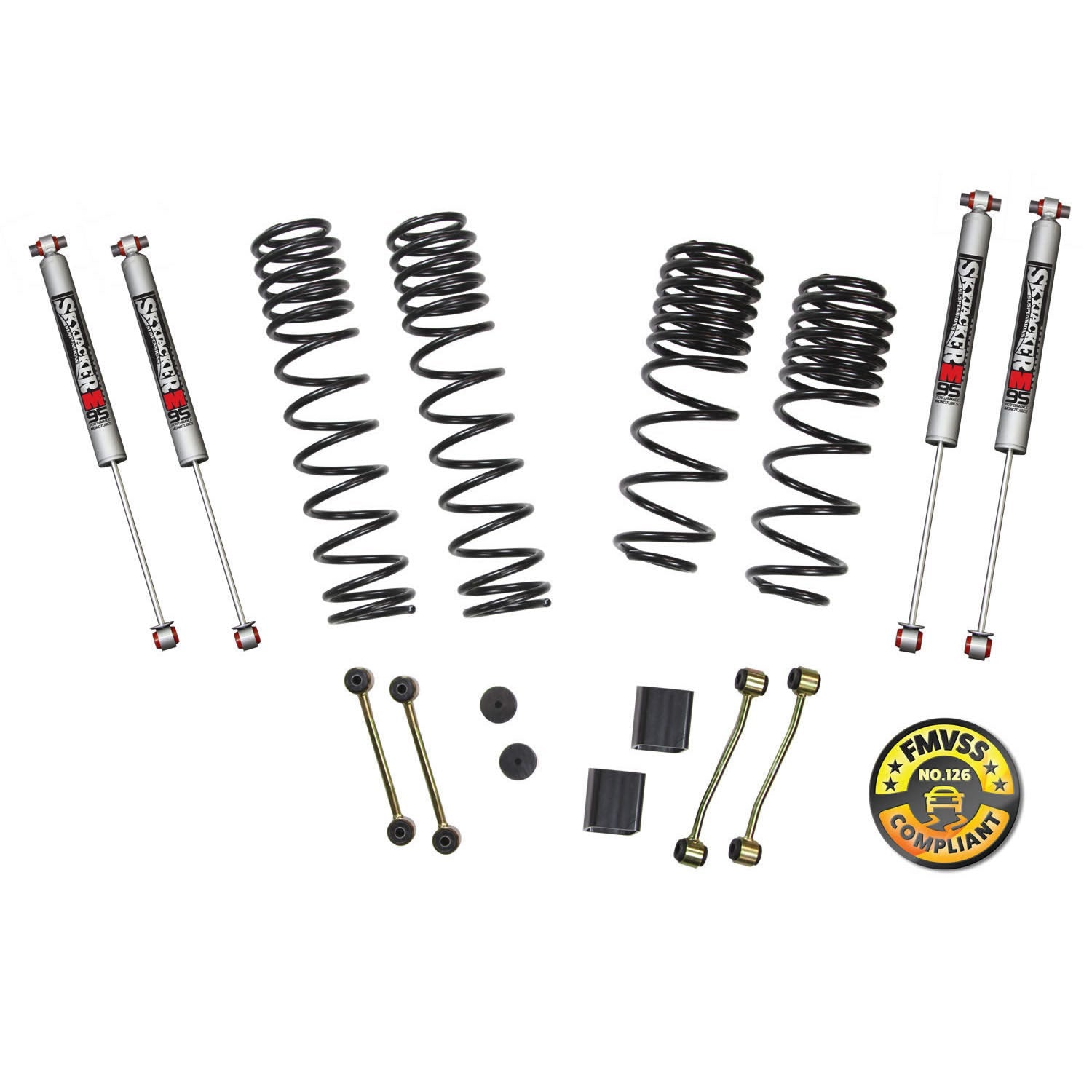 SkyjackerLong Travel Series Suspension Lift Kit w/Shocks 2 - 2.5 Inch Lift 18 - 19 Jeep Wrangler Sport 18 - 19 Jeep Wrangler Sport S Incl. Long Travel Coil Springs Extended Sway Bar Links Bump Stop Extensions Long Travel M95 Monotube Shocks Skyjacker