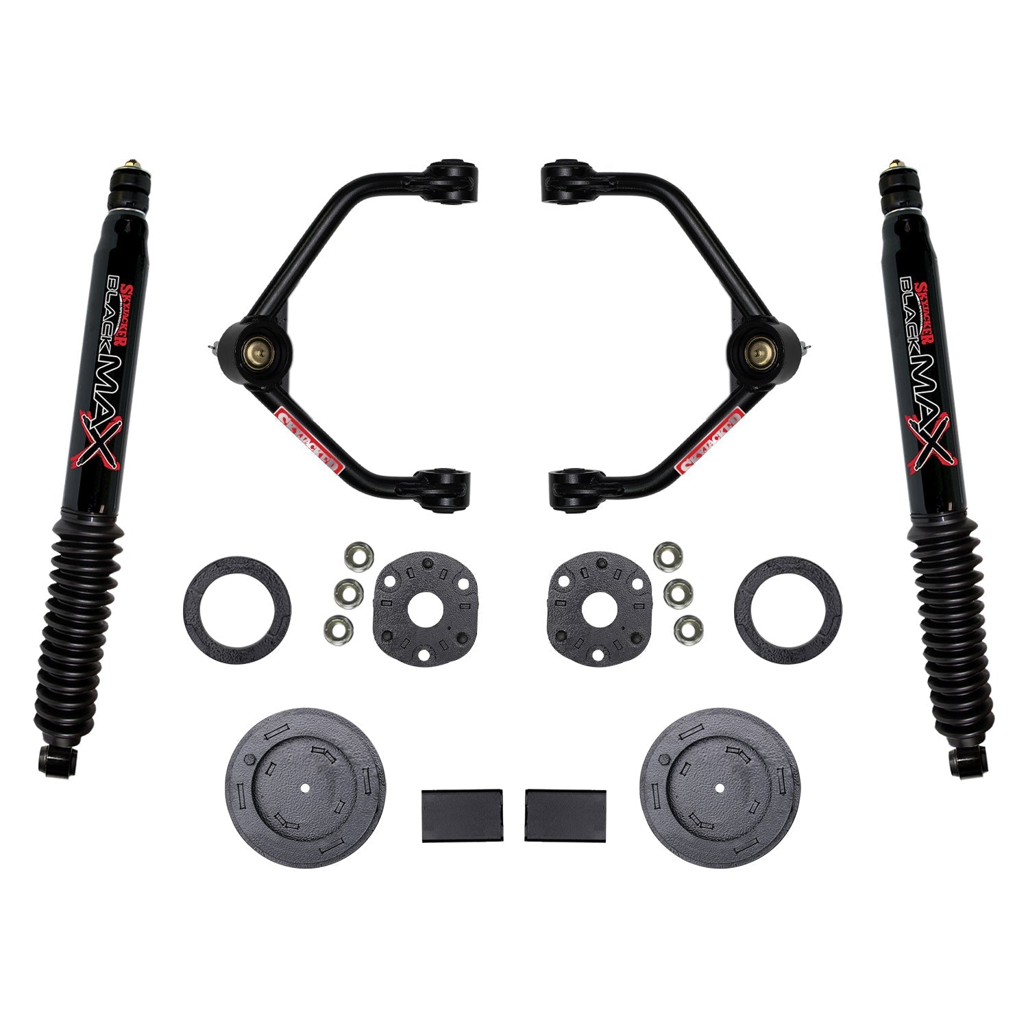 Skyjacker3 Inch Suspension Lift Kit With Front Strut Spacers Front Upper A - arms Rear Coil Spring Spacers Rear Bump Stop Spacers And Rear Black Max Shocks 2019 - 2021 Ram 1500 Skyjacker